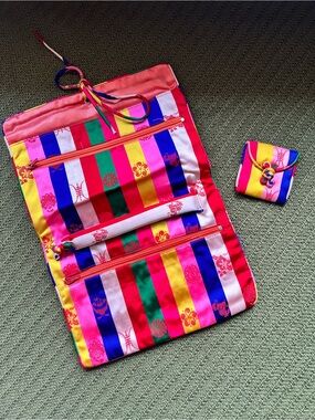 Striped Multicolor Travel Jewelry Roll with Pouch